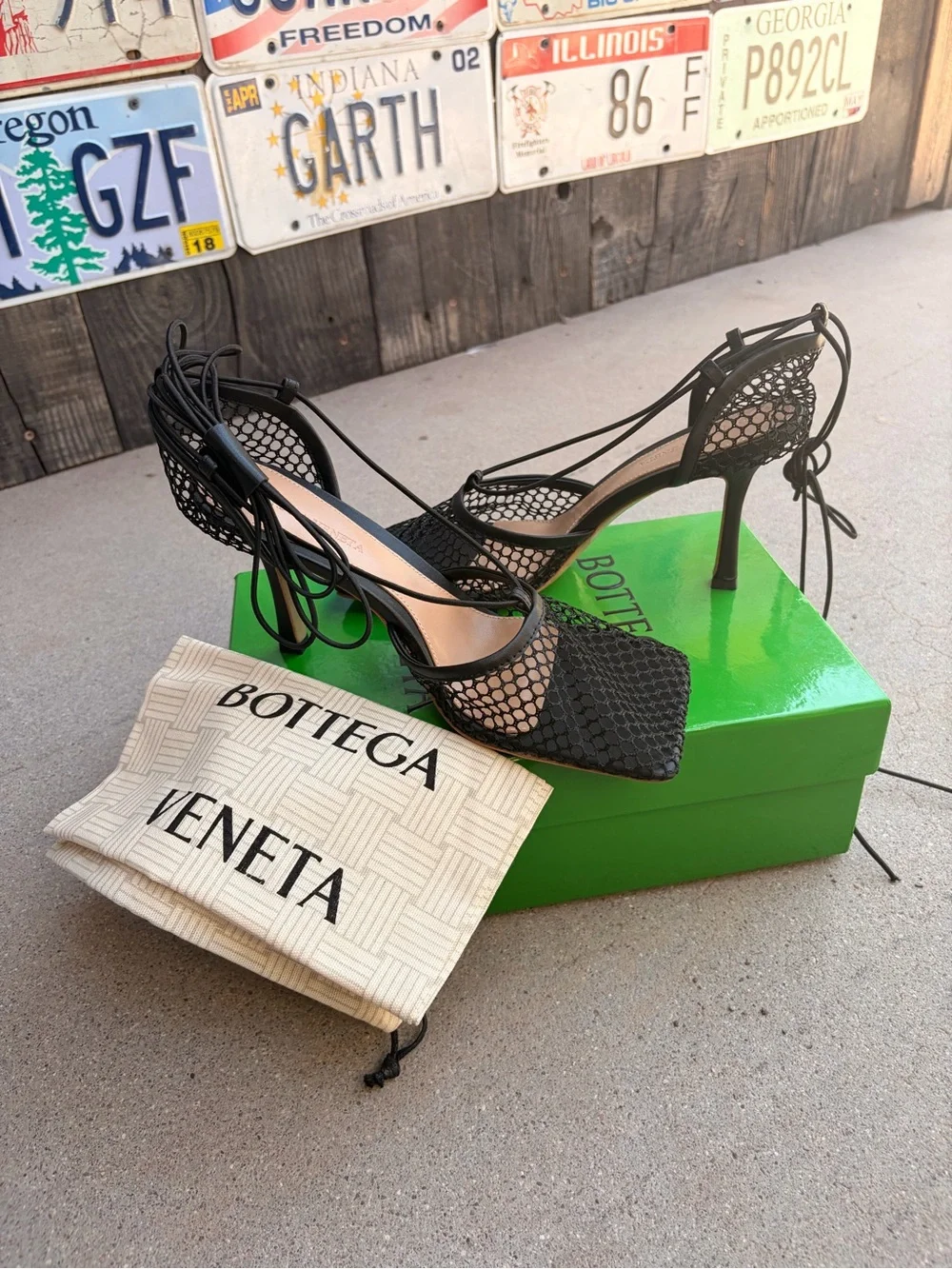 Never Worn Bottega Veneta Black Mesh Lace-Up Stiletto Heels